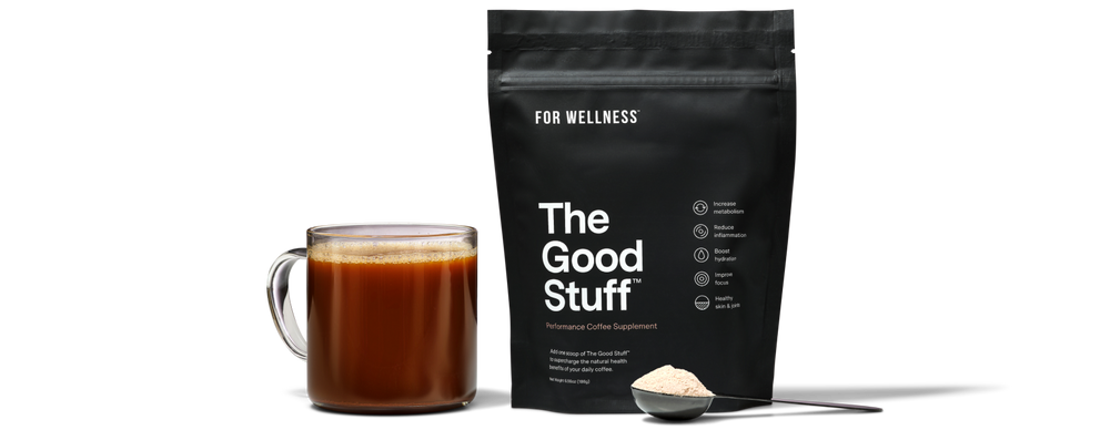 The Good Stuff Performance pouch, scoop, and cup of coffee