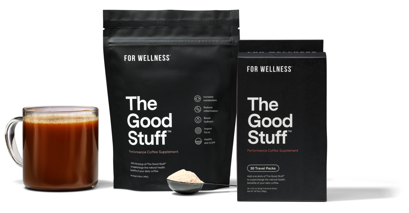 The Good Stuff Performance pouch, travel sticks, and cup of coffee