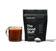 The Good Stuff Performance pouch with scoop and cup of coffee