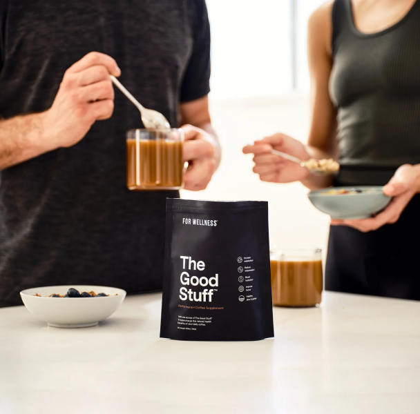 The Good Stuff Performance pouch in front of people drinking coffee and eating oatmeal