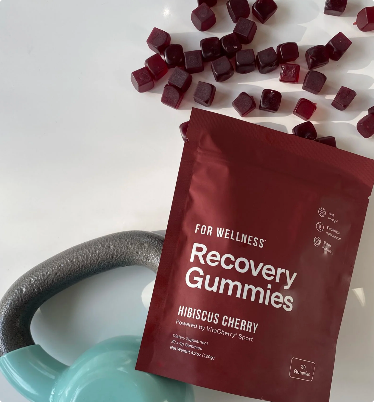 Recovery Gummies Restore on top of a kettlebell
