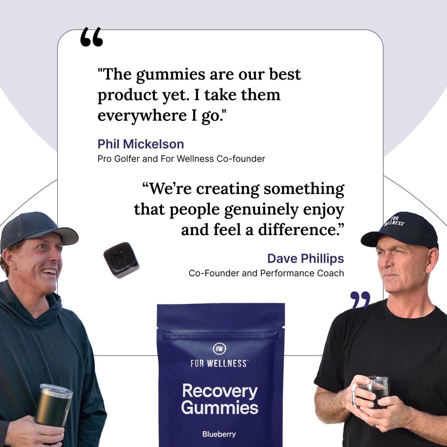 Two men holding gummies with text quotes from Phil Mickelson and Dave Phillips about recovery gummies.