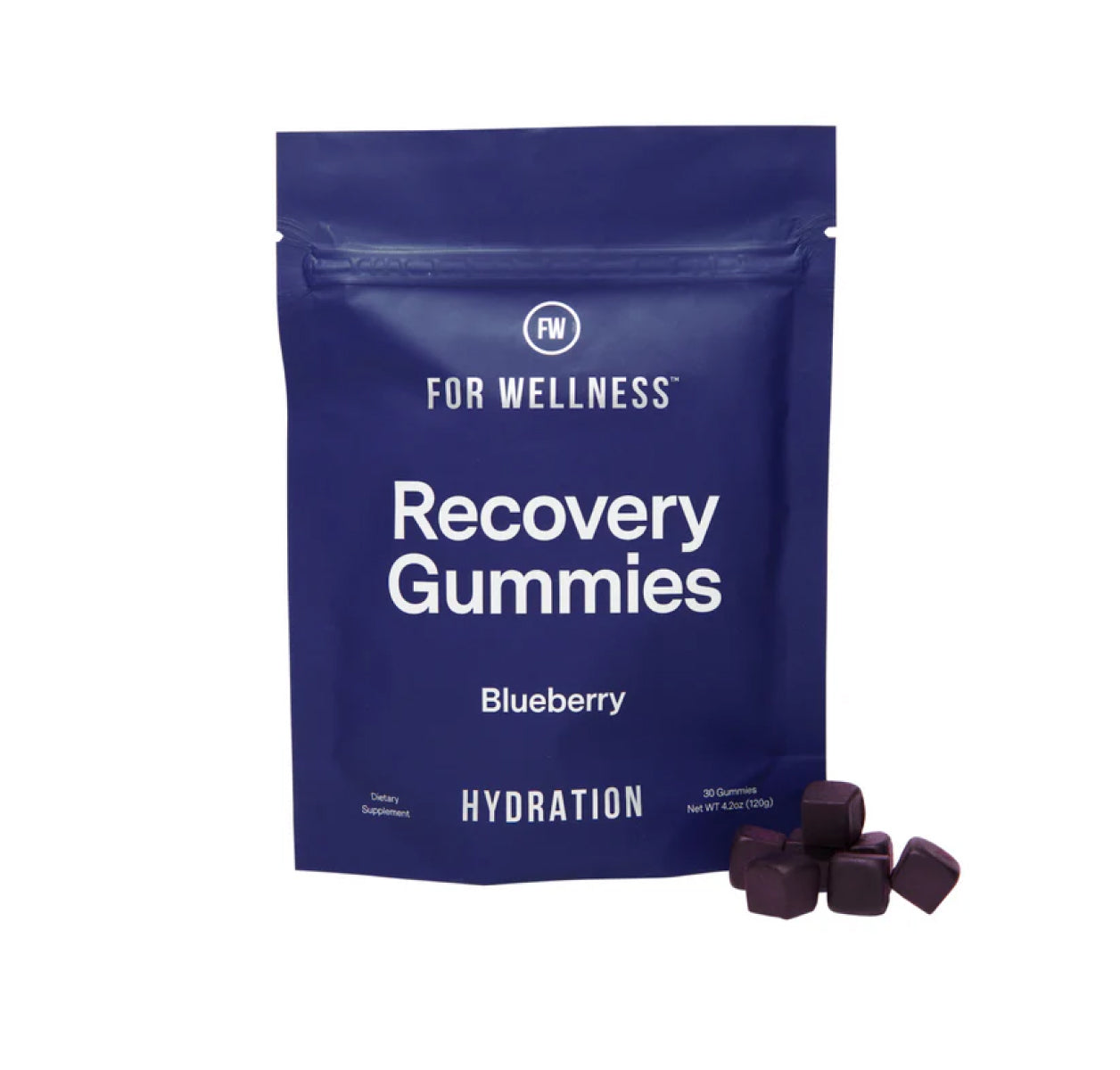 Package of blueberry recovery gummies for hydration
