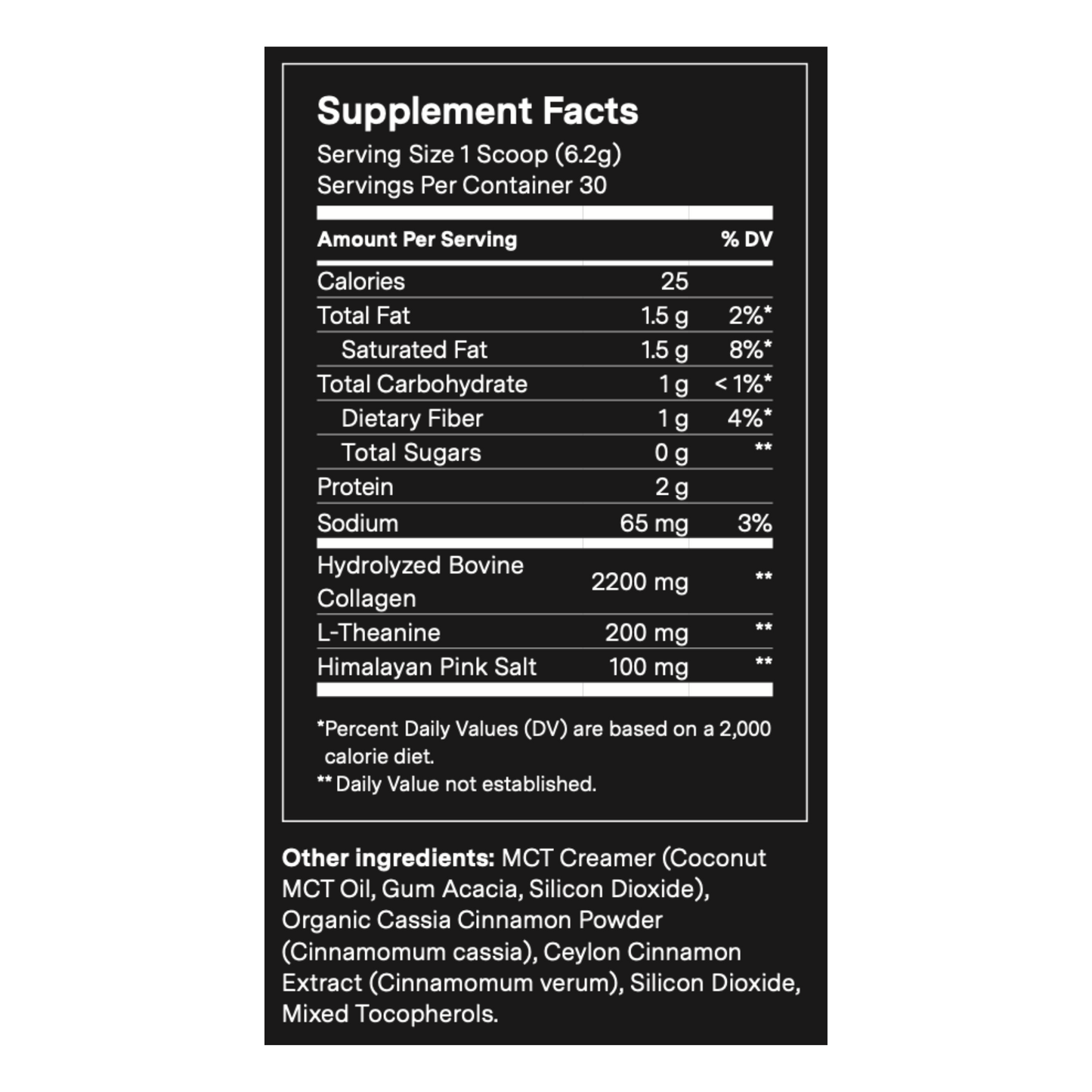 Supplement facts label detailing nutritional information and ingredients