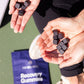 Two hands holding black recovery gummies above a colorful package.