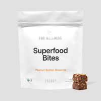 Superfood Bites Energy Peanut Butter Brownie pouch with two stacked bites, 10-count 220g bag