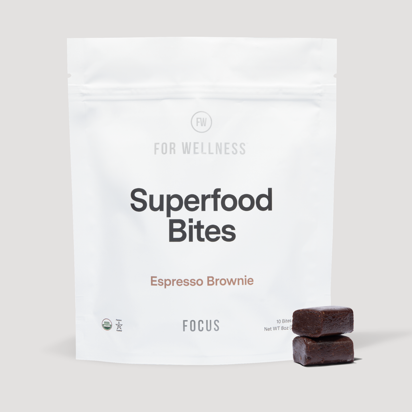For Wellness Superfood Bites Espresso Brownie Focus pouch with two bites shown
