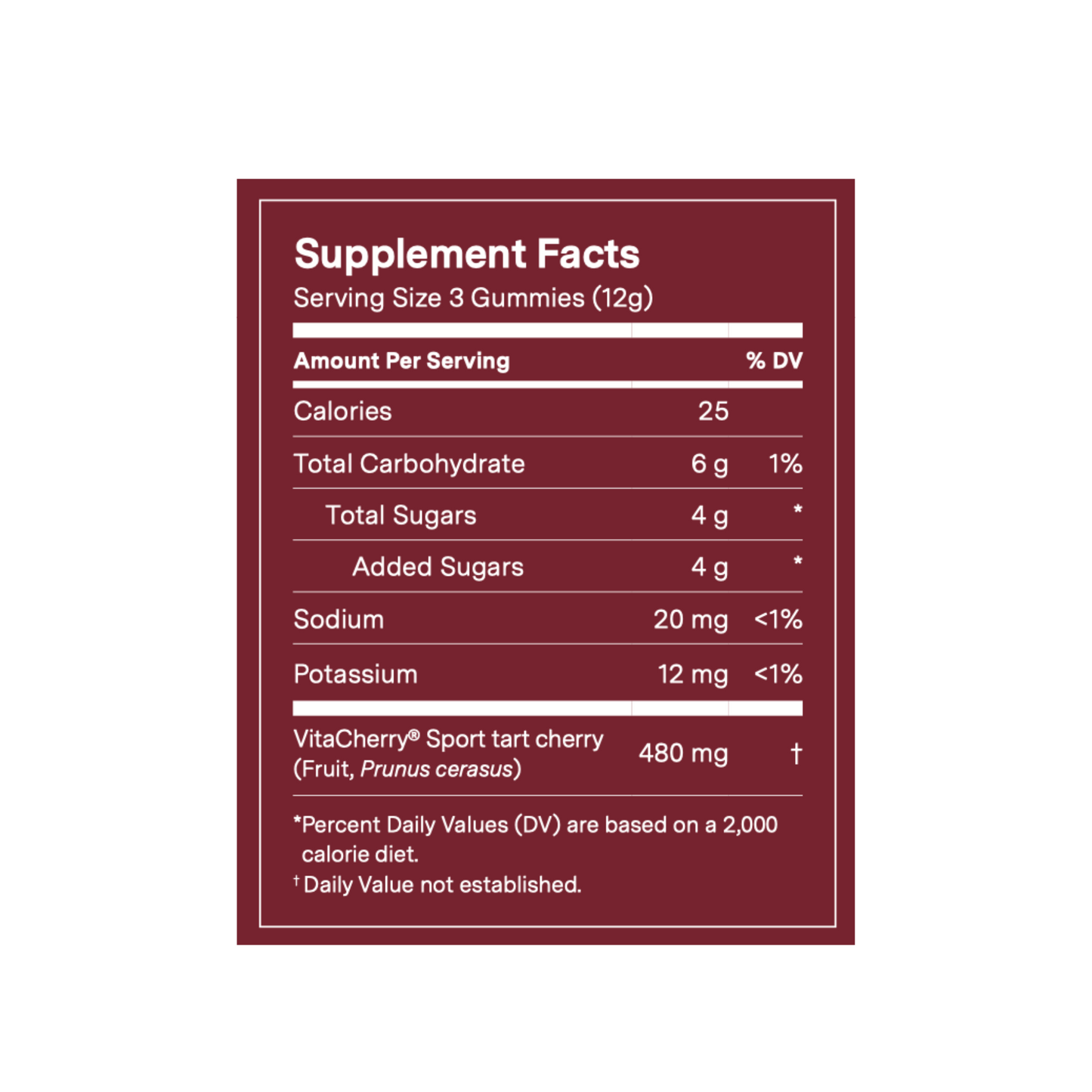 Supplement facts for gummies, detailing calories, carbohydrates, sugars, sodium, and potassium.