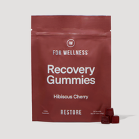 For Wellness Recovery Gummies Restore pouch in Hibiscus Cherry, 30 gummies, with gummies beside it