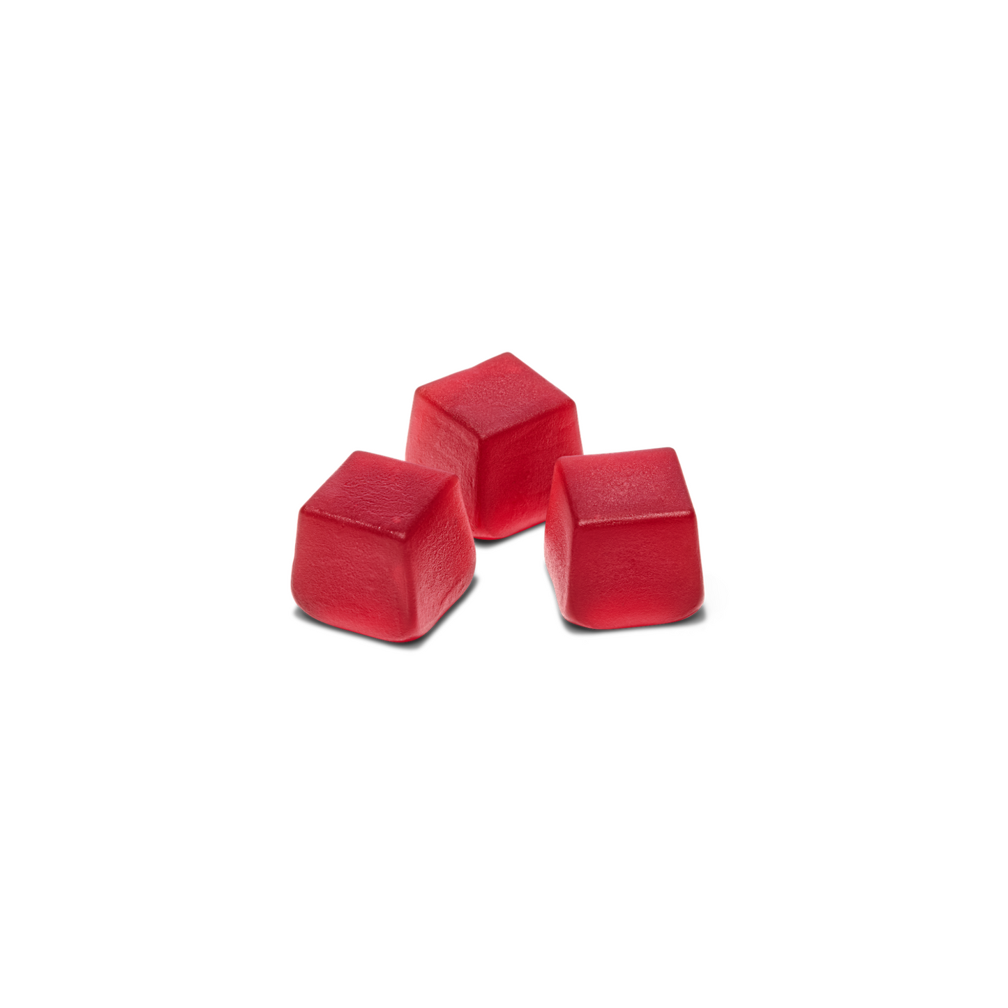 Three red gummy candy cubes on a white background.