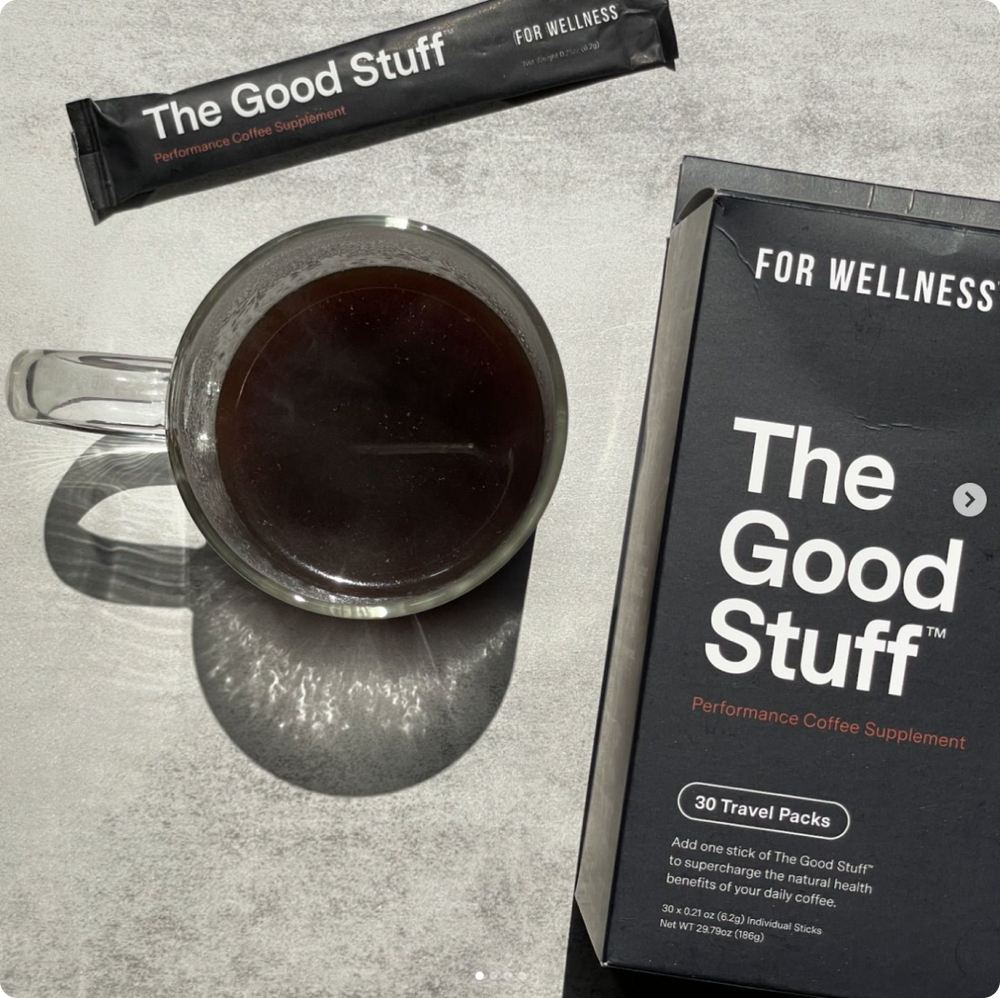 The Goof Stuff Performance travel pack, a cup of coffee, and the Good Stuff Performance 30-serving travel pack box