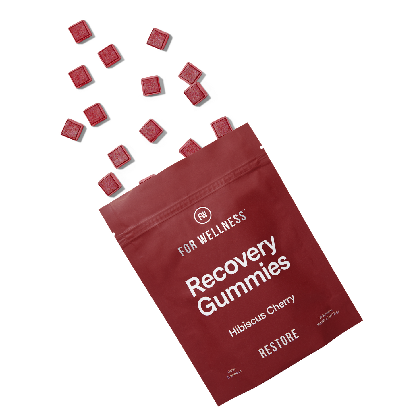 Recovery Gummies Restore pouch with gummies displayed 