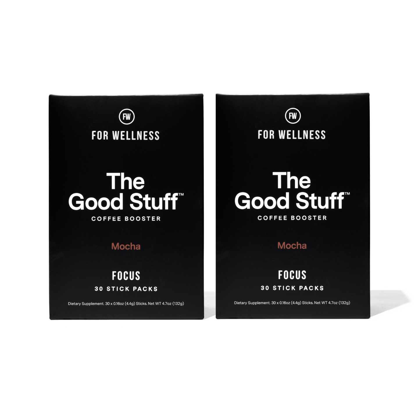 Two boxes of The Good Stuff coffee booster in Mocha flavor, designed for focus.