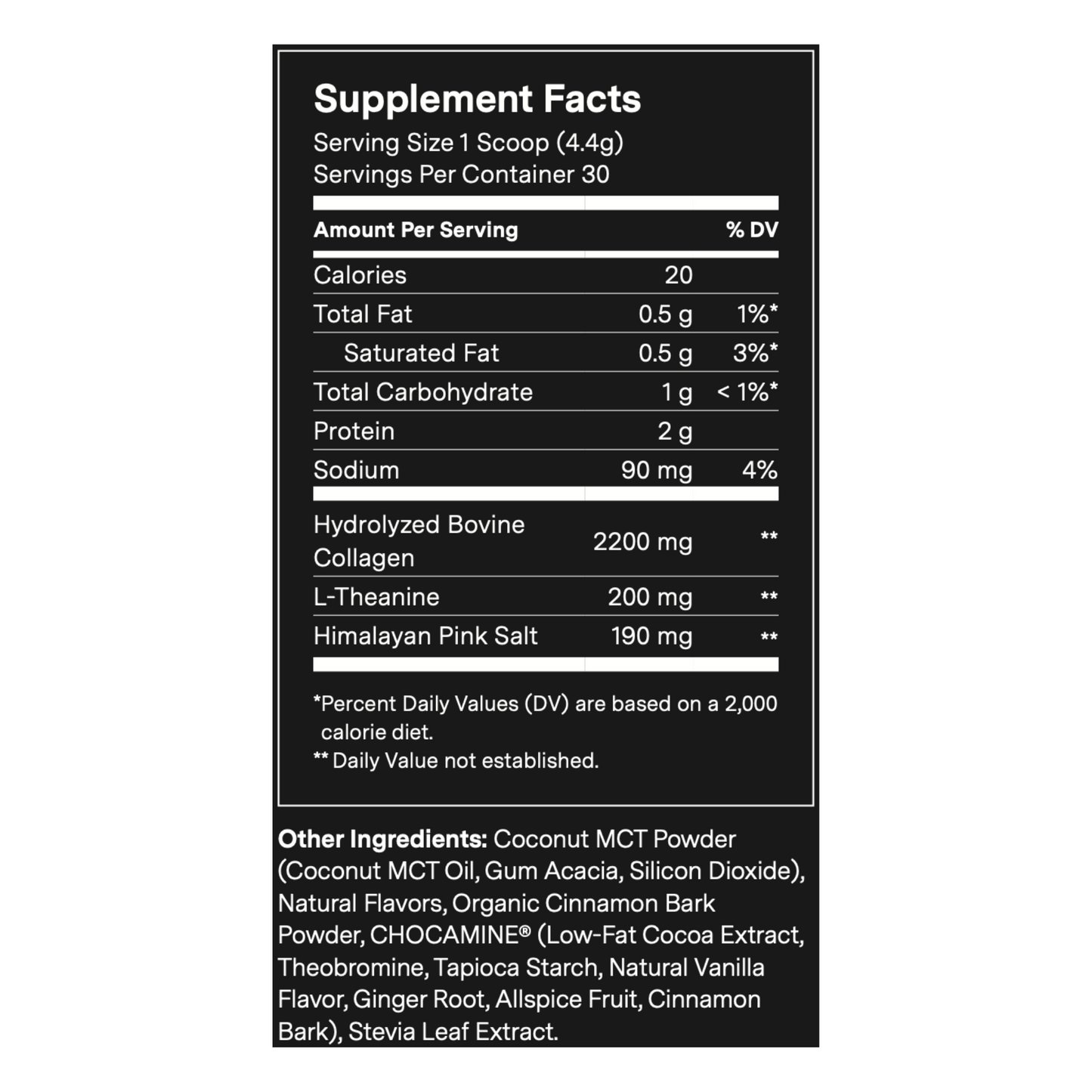 Supplement facts label detailing nutritional information and ingredients for a dietary supplement.