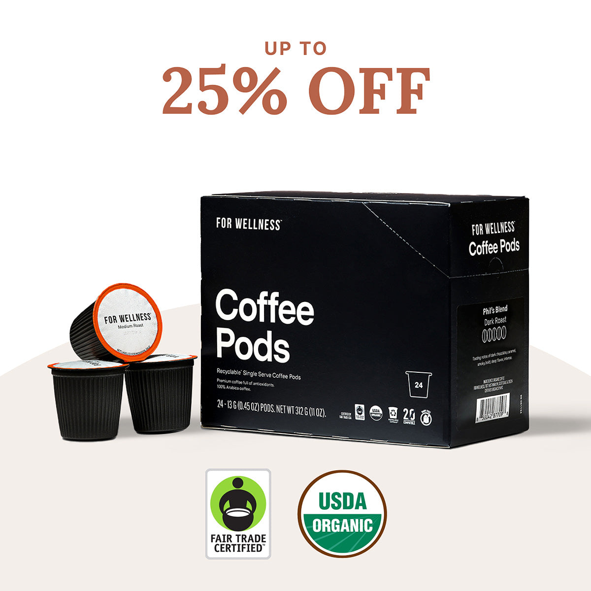 Coffee pods package with discount offer and certification labels