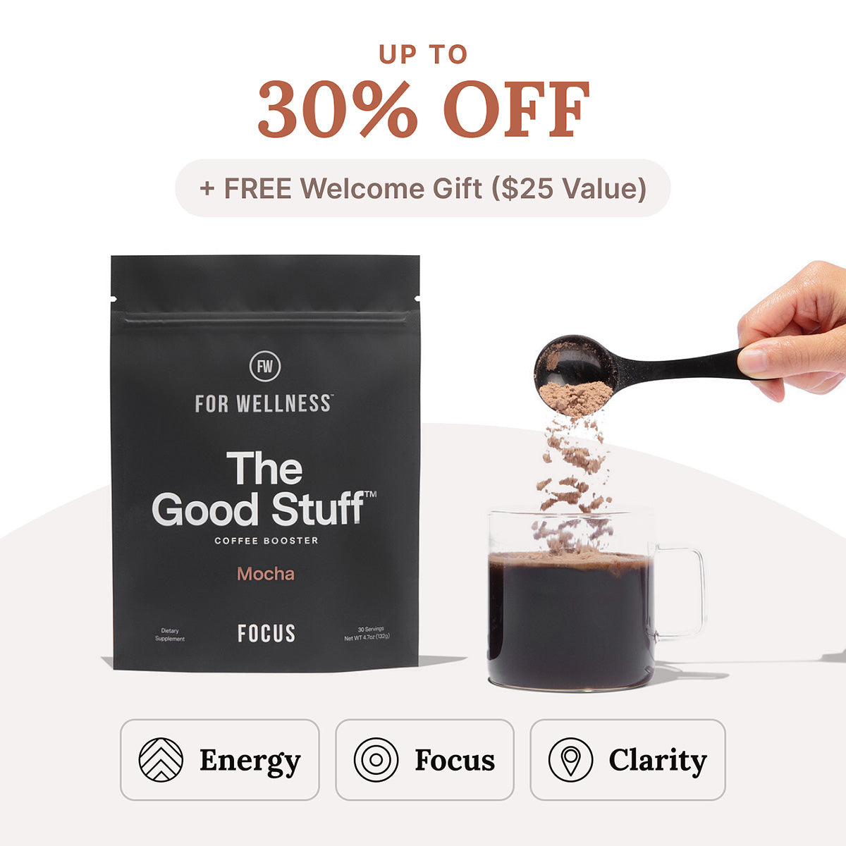 Product promotion for 'The Good Stuff' coffee booster with mocha flavor, featuring a discount and a free welcome gift.