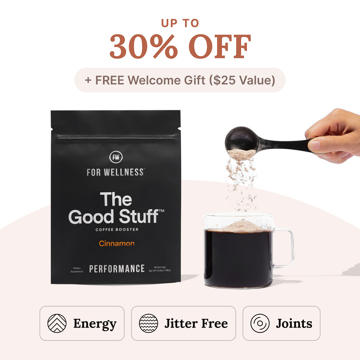 Coffee booster product with a jar of coffee, promotional text for discount and benefits.