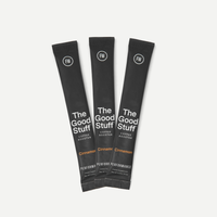 Three The Good Stuff Cinnamon coffee booster travel stick packs, included in the 90-Day welcome kit