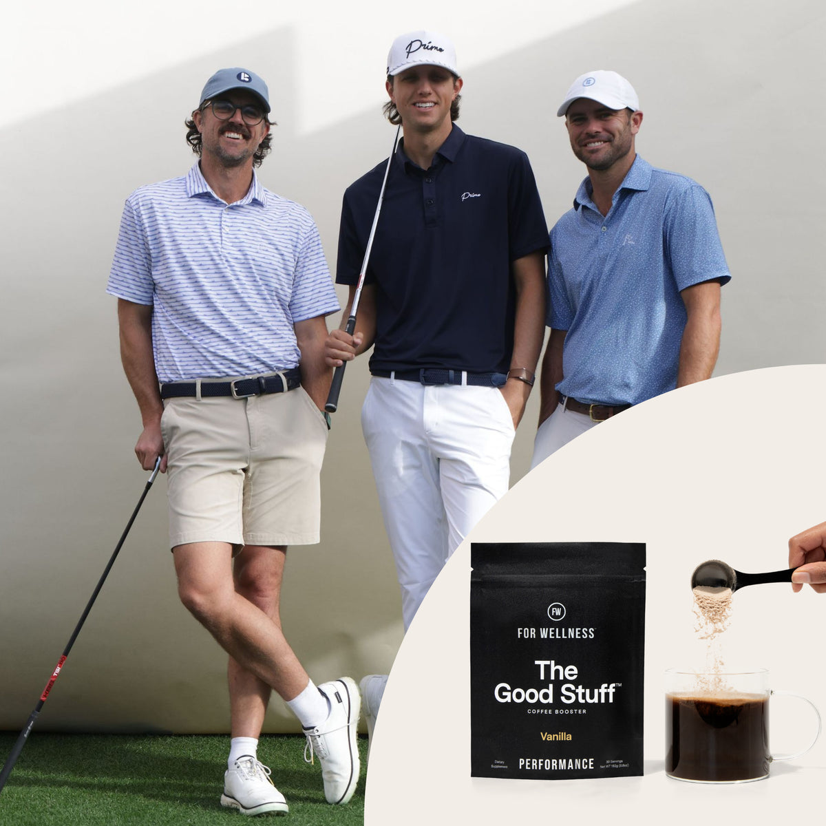 Three golfers posing beside a For Wellness The Good Stuff Vanilla pouch as coffee is poured